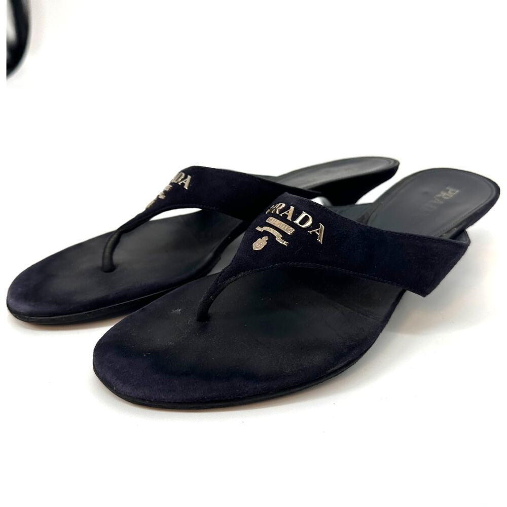 PRADA Navy Suede Logo Sandal Slide Thong Kitten Heel